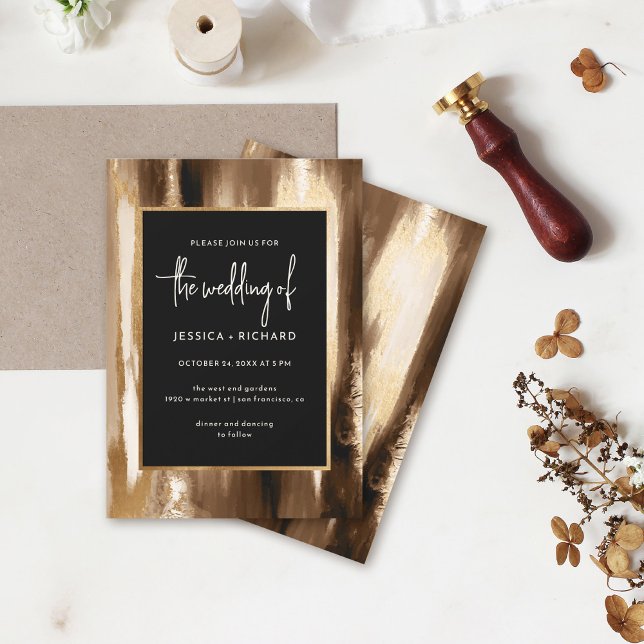 Modern Gold & Dark Abstract Watercolor Wedding Invitation (Creator Uploaded)