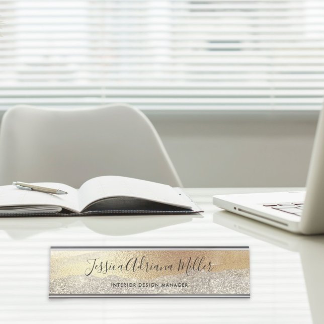Modern Gold Diamond Glitter Faux Foil Luxury Glam Desk Name Plate (In situ)