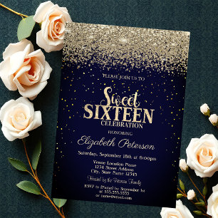 Modern Gold Diamonds Confetti Blue Sweet 16 Invitation
