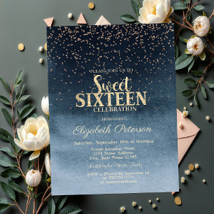 Modern Gold Diamonds Confetti Navy Blue Sweet 16 Invitation