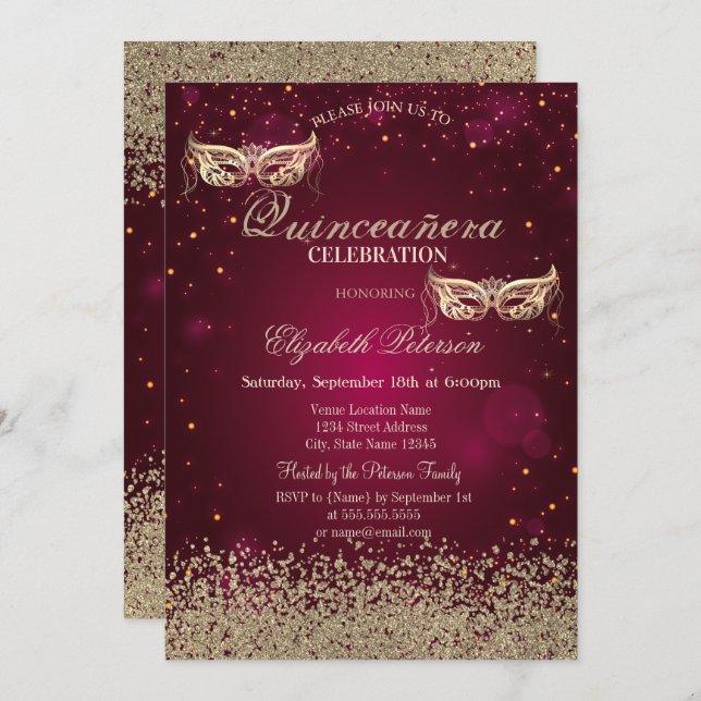 Modern Gold Diamonds Masque Red Quinceañera Invitation (Front/Back)