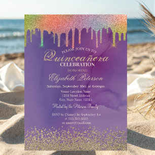 Modern Gold Diamonds Rainbow Drips Quinceañera  Invitation