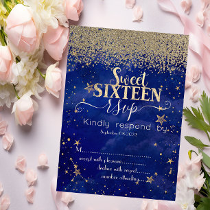 Modern Gold Diamonds Stars Blue Sweet 16 RSVP   Invitation