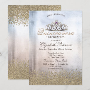 Modern Gold Diamonds,Tiara Metallic Quinceañera Invitation