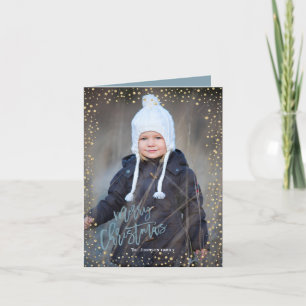 Modern gold dot with gray blue lettering Christmas Holiday Card