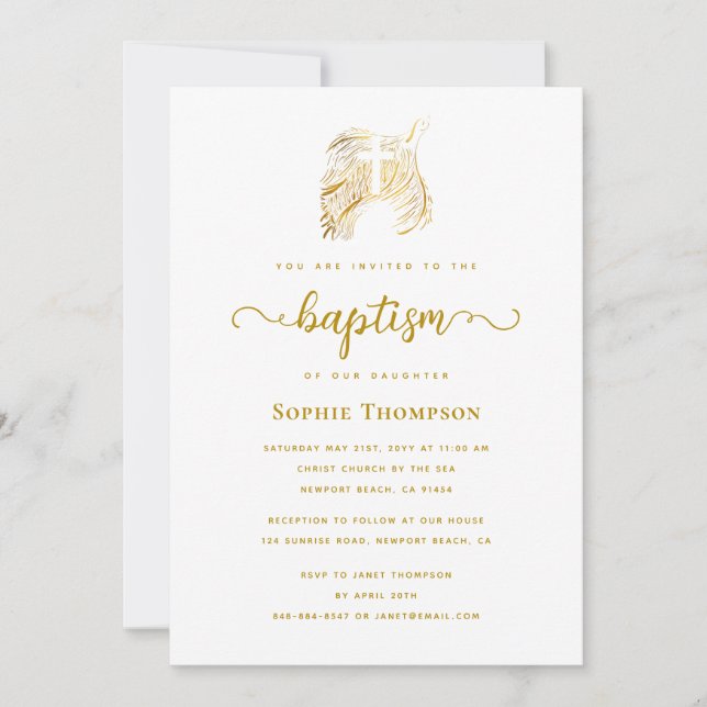 Modern Gold Dove White Cross Religious Baptism Invitation (Front)