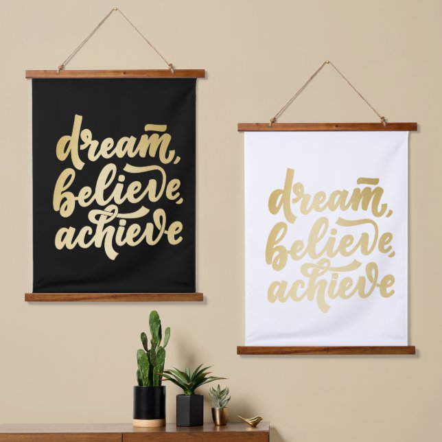 Modern Gold Dream Believe Achieve  Motivational  Hanging Tapestry (Asymmetrical)