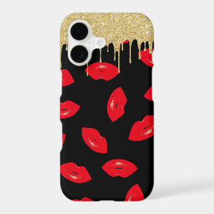 Modern Gold Dripping Red Lips Pattern Black