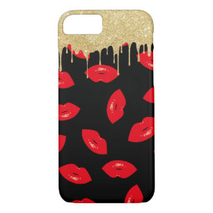 Modern Gold Dripping Red Lips Pattern Black iPhone 8/7 Case