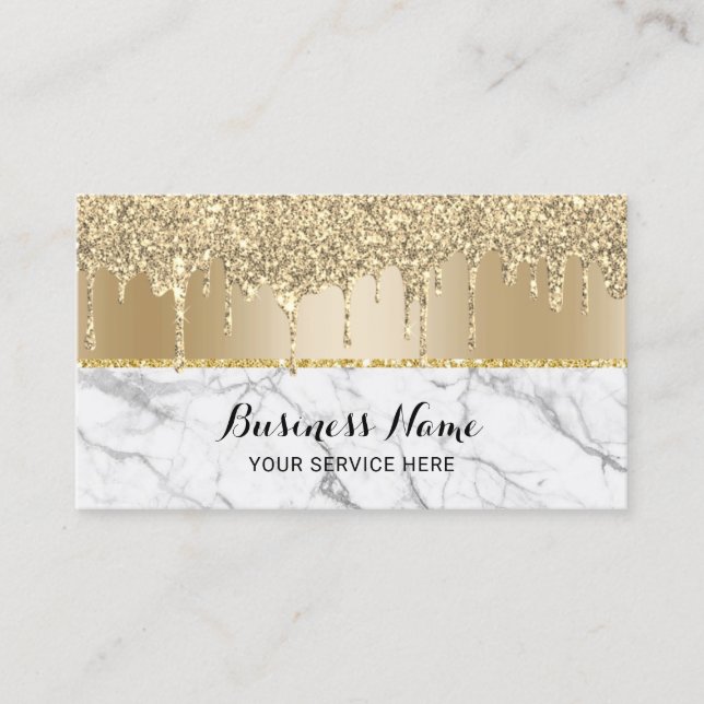 Modern Gold Drips Trendy Marble Beauty Salon Business Card (Front)