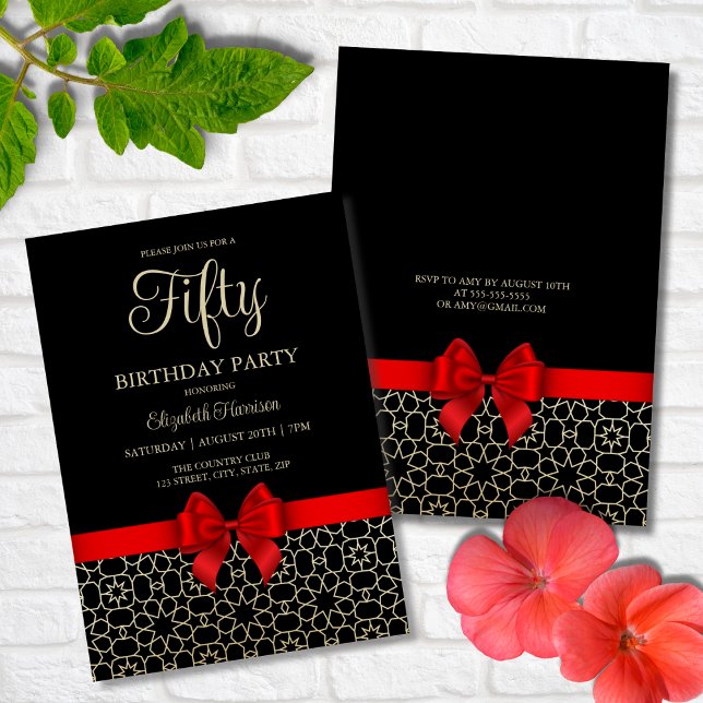 Modern Gold Egypt Geometric Red Bow 50th Birthday Invitation (Creator Uploaded)