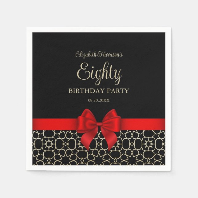 Modern Gold Egypt Geometric Red Bow 80th Birthday Napkin (Front)