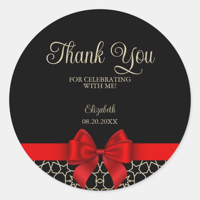 Modern Gold Egypt Geometric Red Bow Thanks Black Classic Round Sticker (Front)
