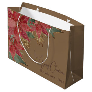 Modern Gold Elegant Red Poinsettia Merry Christmas Large Gift Bag