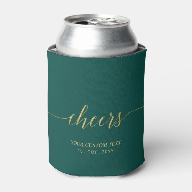 Modern Gold & Emerald Green Lettering Cheers Party Can Cooler (Can Front)