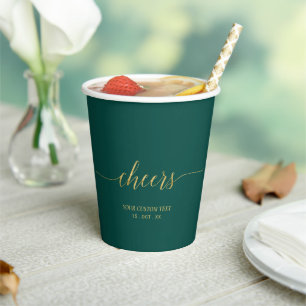 Modern Gold & Emerald Green Lettering Cheers Party Paper Cups
