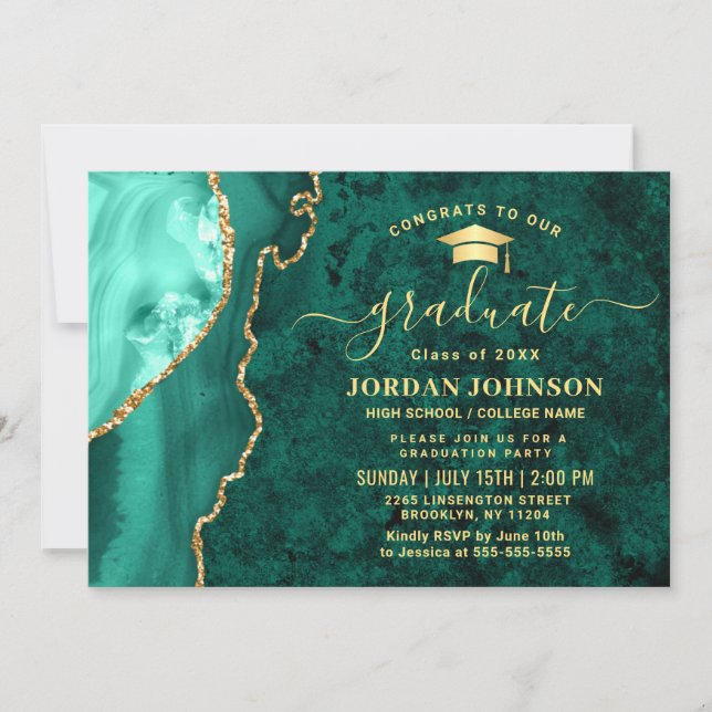 Modern Gold Emerald Green Marble Graduation Party Invitation (Front)