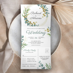 Modern Gold Eucalyptus Wreath All in One Wedding Tri-Fold Invitation