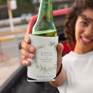 Modern Gold Eucalyptus Wreath Wedding Can Cooler