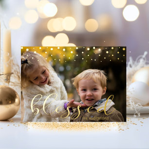 Modern Gold Family BLESSED Christmas Photo Foil Holiday Card