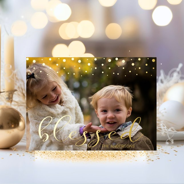 Modern Gold Family BLESSED Christmas Photo Foil Holiday Card (Modern Gold Family BLESSED Christmas Photo Foil Holiday Card)