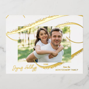 Modern Gold Faux Glitter Brush Stroke Photo  Foil Holiday Postcard