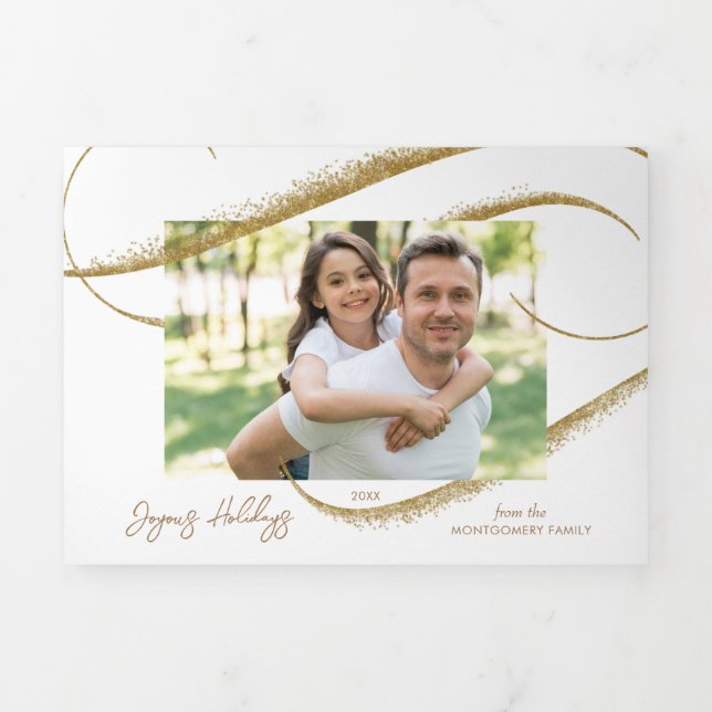 Modern Gold Faux Glitter Brush Stroke Photo  Tri-Fold Holiday Card (Cover)