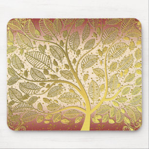 Modern Gold Faux Leaf Tree Of Life Glitter Peach  Mouse Pad