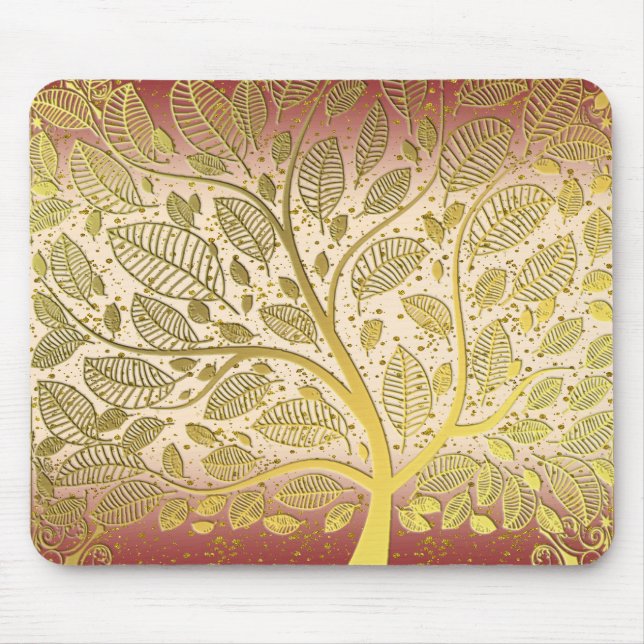Modern Gold Faux Leaf Tree Of Life Glitter Peach  Mouse Pad (Front)