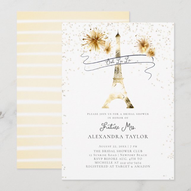 Modern Gold Fireworks Eiffel Paris Bridal Shower Invitation (Front/Back)