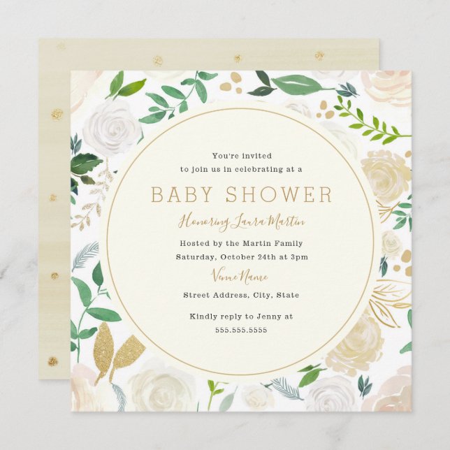 Modern Gold Floral Baby Shower Invitation (Front/Back)
