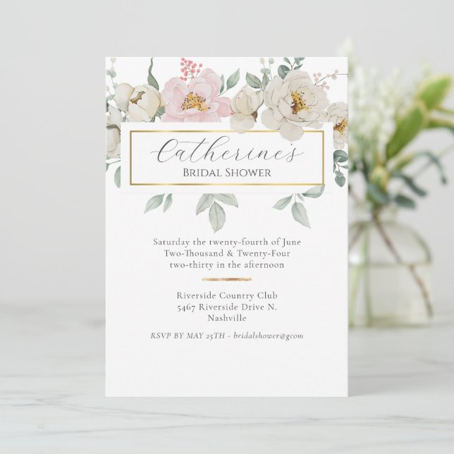 Modern Gold Floral Bridal Shower Invitation (Standing Front)
