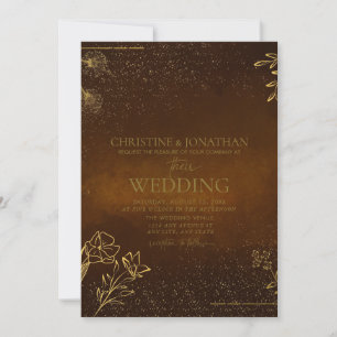 Modern Gold Floral   Brown Wedding  Invitation