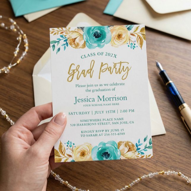 Modern Gold Floral Girly Graduation Party Photo Invitation (Creator Uploaded)