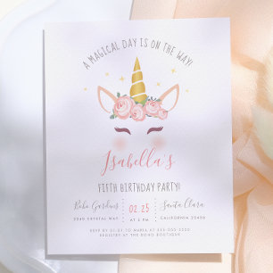 Modern Gold Floral Magical Unicorn Birthday Party Invitation Postcard
