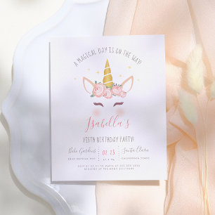 Modern Gold Floral Magical Unicorn Birthday Party Invitation Postcard