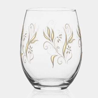 Modern Gold Floral Stemless Wine Glass