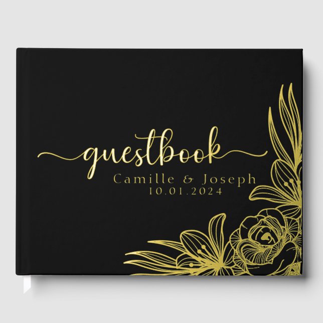 Modern Gold Floral wedding guestbook (Front)