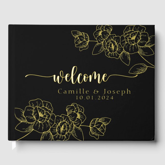 Modern Gold Floral wedding guestbook (Front)