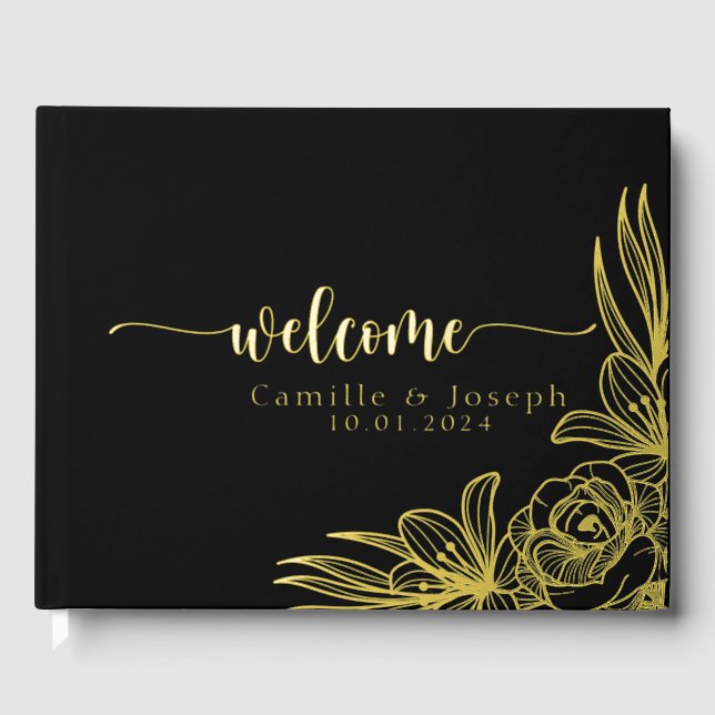 Modern Gold Floral wedding guestbook (Front)