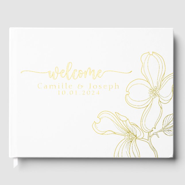 Modern Gold Floral wedding guestbook (Front)