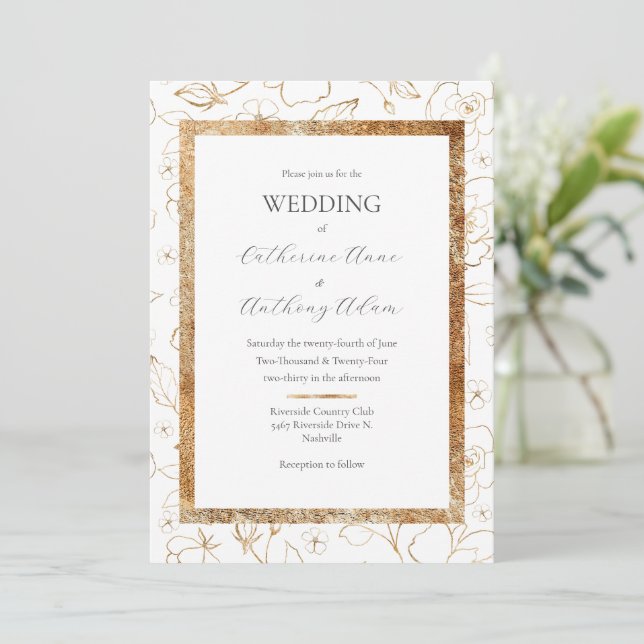 Modern Gold Floral Wedding  Invitation (Standing Front)