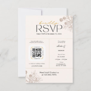 Modern Gold Floral Wedding RSVP Card with QR Code