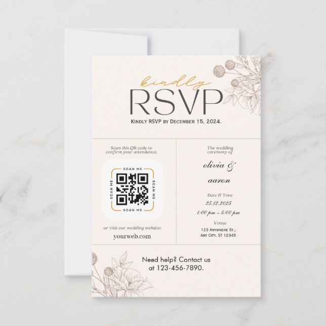 Modern Gold Floral Wedding RSVP Card with QR Code (Front)