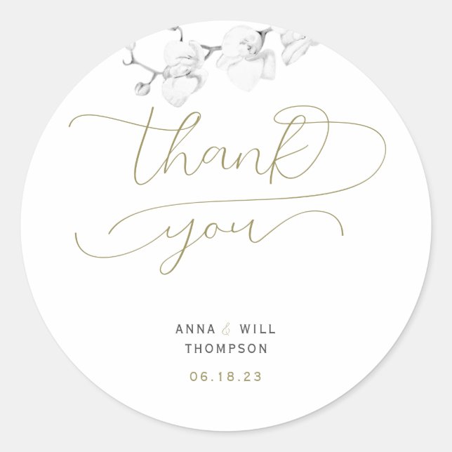 Modern Gold Flourishes Orchid Wedding Thank You Classic Round Sticker (Front)