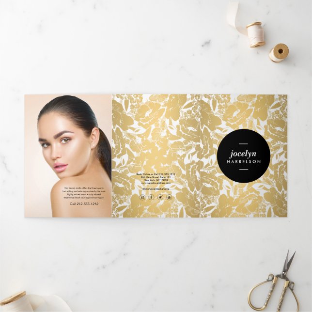 Modern Gold Flowers Black Circle Brochure (Outside)