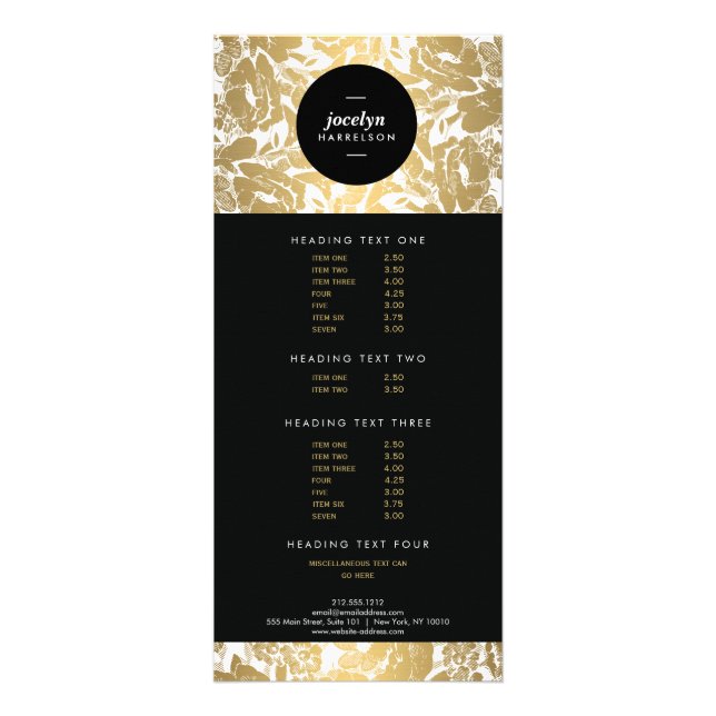 Modern Gold Flowers Black Circle II Rack Card (Front)