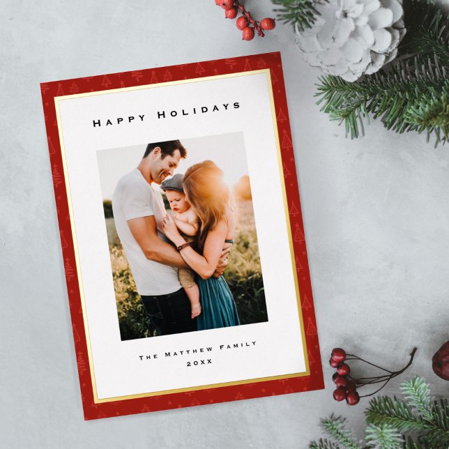 Modern Gold Foil and Red Border Family Photo Holiday Card (Creator Uploaded)