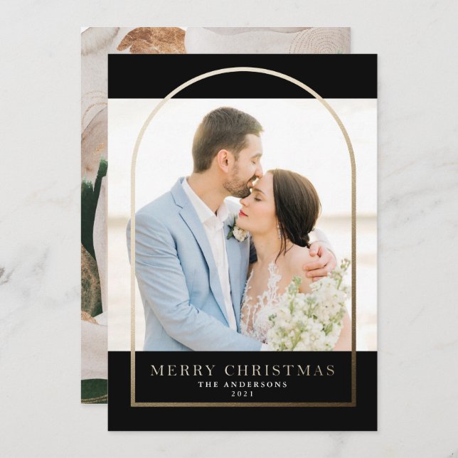 Modern Gold Foil Arched Frame Holiday Card (Front/Back)