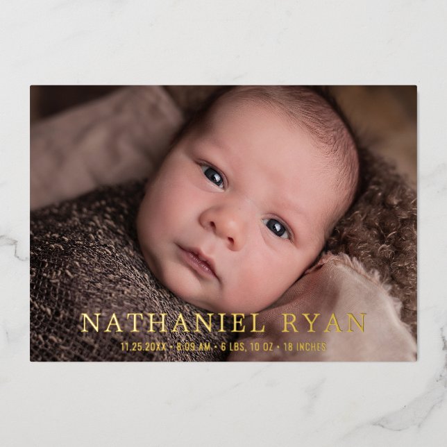 Modern Gold Foil Baby Boy Photo Birth Announcement (Front)